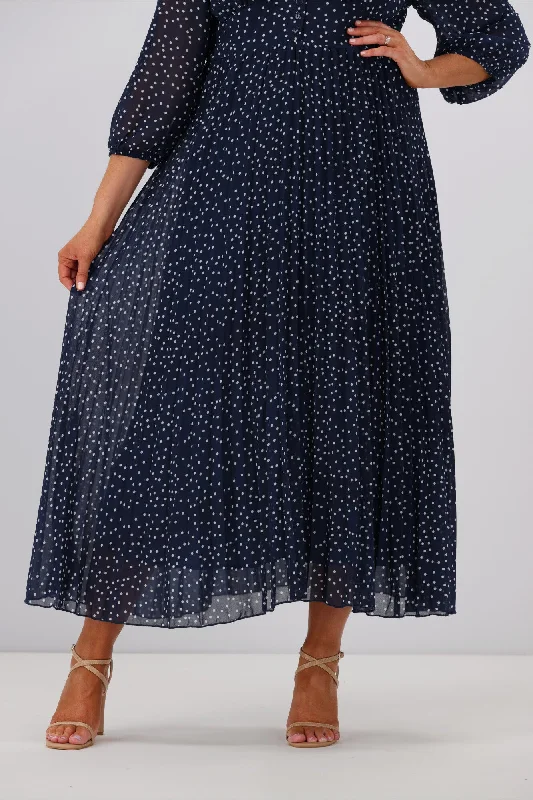 Boho Australia Holly Pleated Midi Dress Navy White Dot