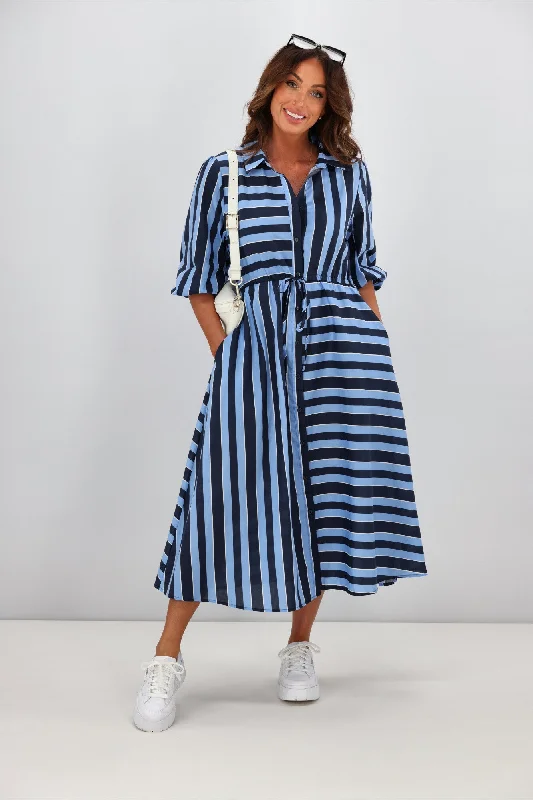 Boho Australia Moss Midi Dress Stripe Navy Blue