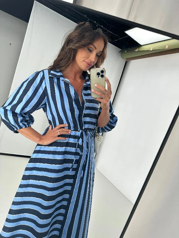 Boho Australia Moss Midi Dress Stripe Navy Blue