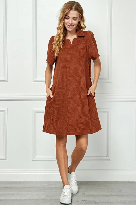 Collared Textured Dress-Rust