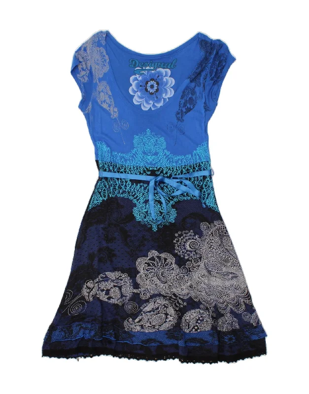 DESIGUAL Womens A-Line Dress UK 14 Large Blue Floral Viscose