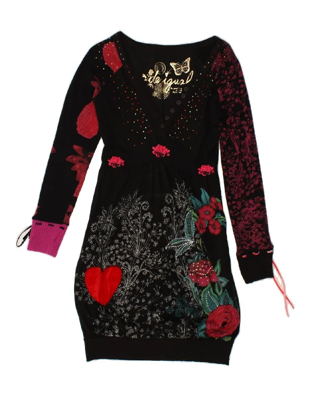 DESIGUAL Womens Long Sleeve Bubble Dress UK 8 Small Black Floral Cotton