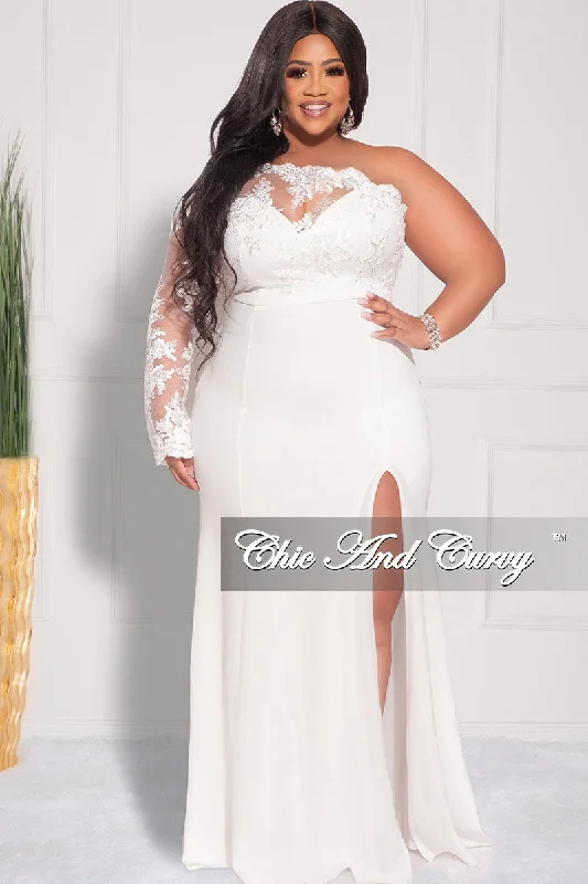 Final Sale Plus Size One Shoulder Long Sleeve Lace Detail Gown with Side Slit in Ivory