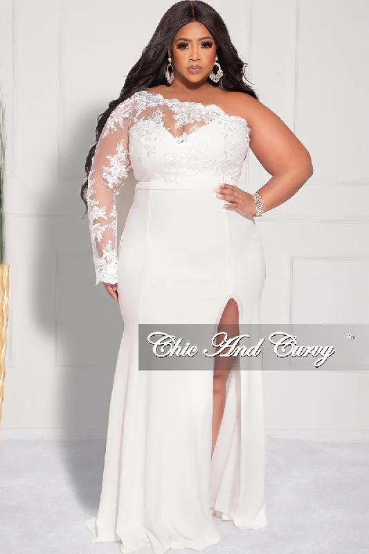 Final Sale Plus Size One Shoulder Long Sleeve Lace Detail Gown with Side Slit in Ivory