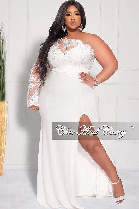 Final Sale Plus Size One Shoulder Long Sleeve Lace Detail Gown with Side Slit in Ivory