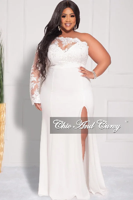 Final Sale Plus Size One Shoulder Long Sleeve Lace Detail Gown with Side Slit in Ivory