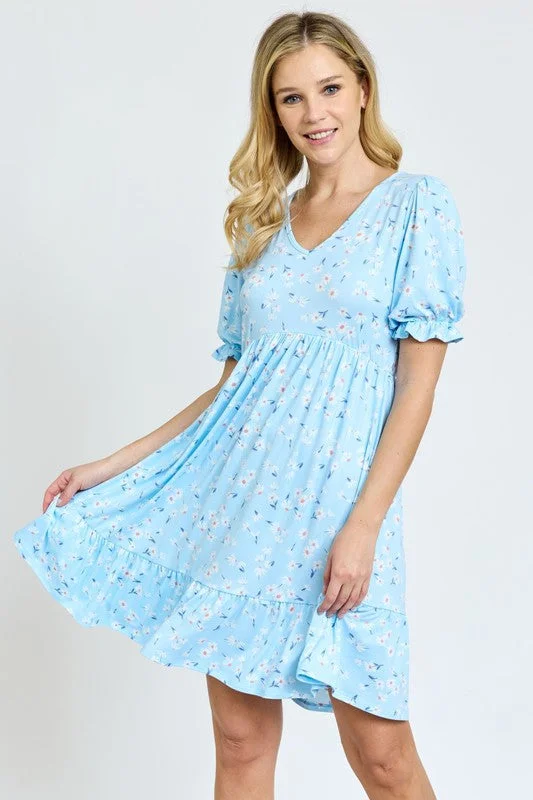 Floral Puff Sleeve V-Neck Babydoll Dress