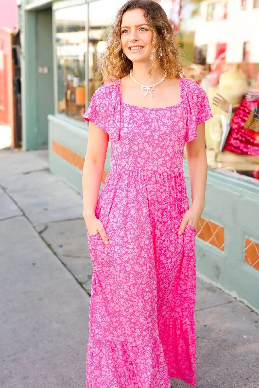 Fuchsia Ditsy Floral Fit & Flare Maxi Dress