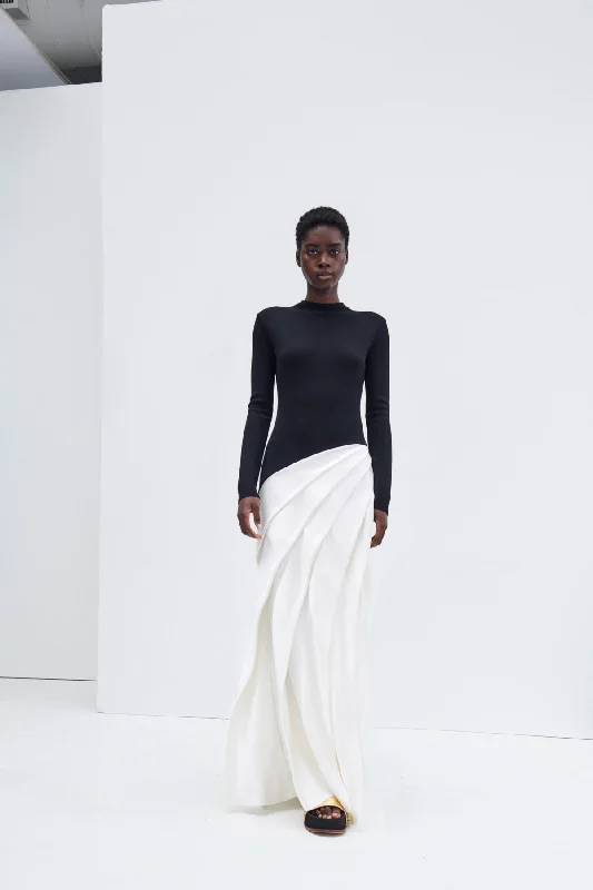 Ismay Pleated Dress in Black & Ivory Silk Satin