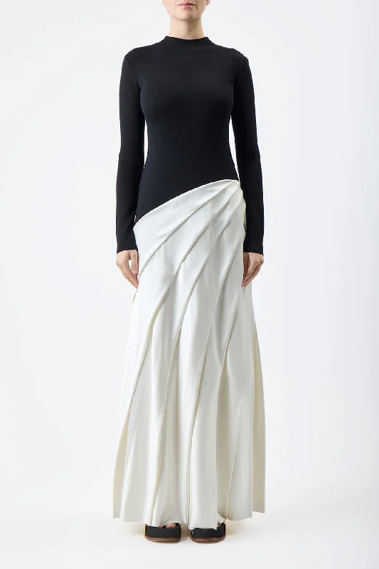 Ismay Pleated Dress in Black & Ivory Silk Satin