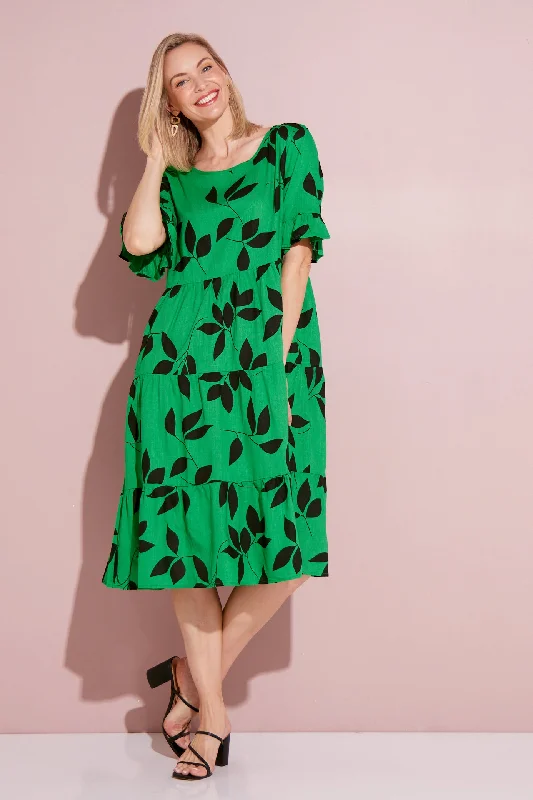 Jackson Linen Dress - Green Leaves