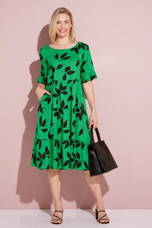 Jackson Linen Dress - Green Leaves