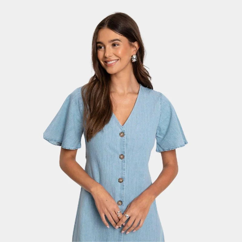 Ladies Button Through Chambray Dress