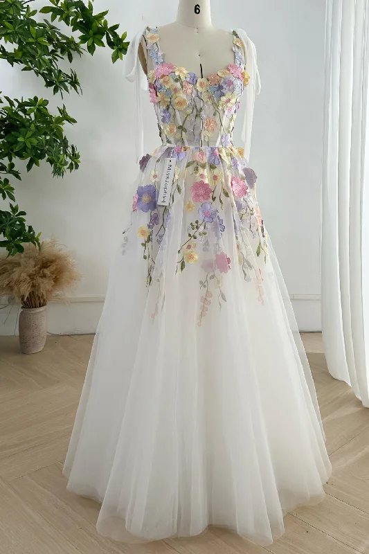 Lavender Embroidery Floral Corset Long Dress with Tie Straps