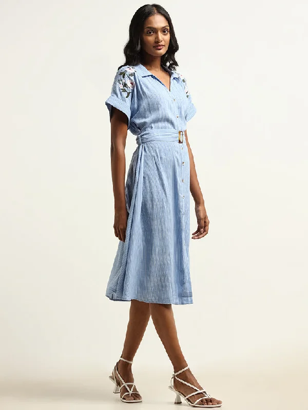 LOV Powder Blue Striped Shirt Dress with Fabric Belt