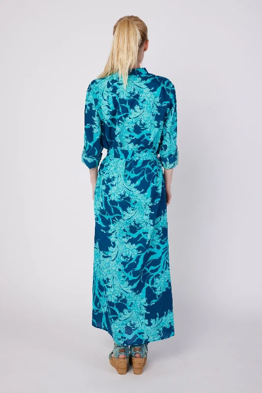 Elina 3/4 Sleeve Maxi Caftan Dress with Detachable Belt in Navy Aqua Coral