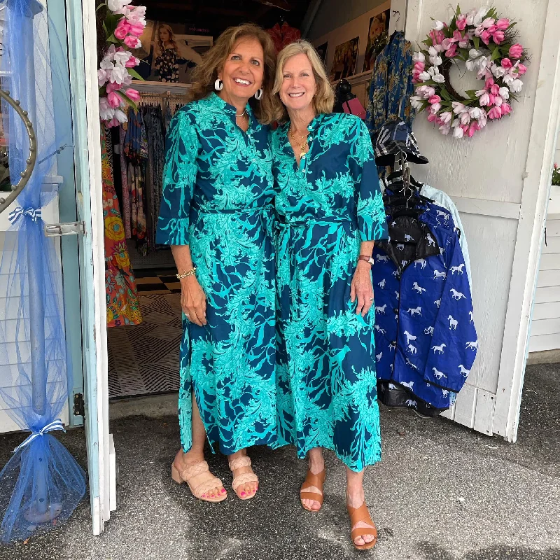 Elina 3/4 Sleeve Maxi Caftan Dress with Detachable Belt in Navy Aqua Coral