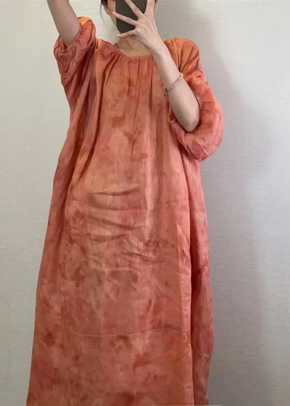 Natural Orange O-Neck Tie Dye Maxi Dress Lantern Sleeve UU1062