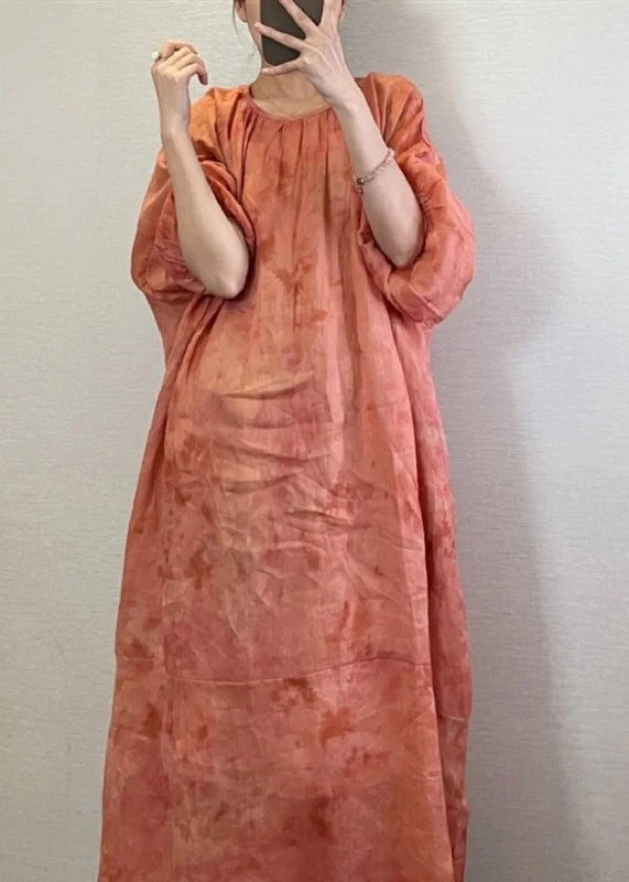 Natural Orange O-Neck Tie Dye Maxi Dress Lantern Sleeve UU1062