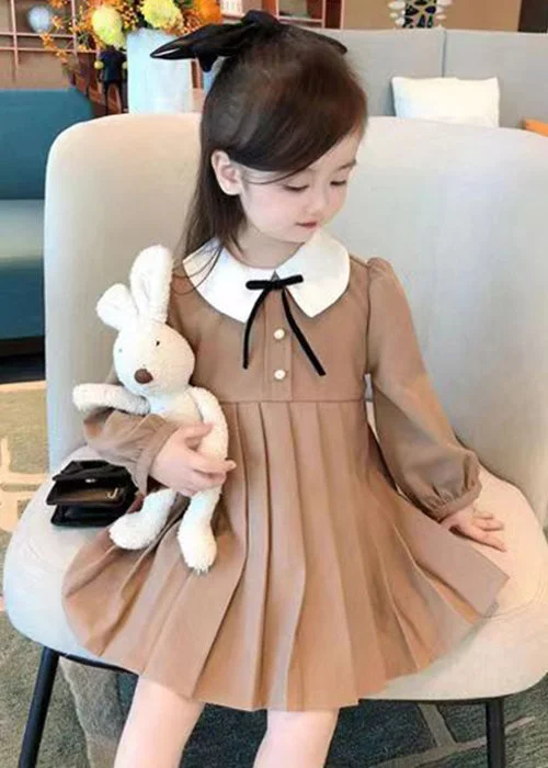 New Khaki Wrinkled Solid Cotton Girls Dresses Fall XZ078