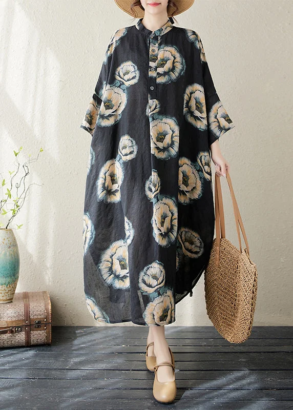 Plus Size Black Stand Collar Print Long Dress Long Sleeve AP067