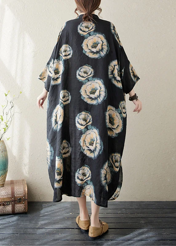 Plus Size Black Stand Collar Print Long Dress Long Sleeve AP067