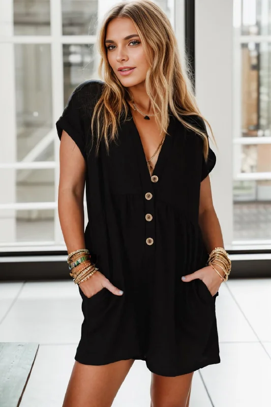 Pocketed V-Neck Short Sleeve Romper