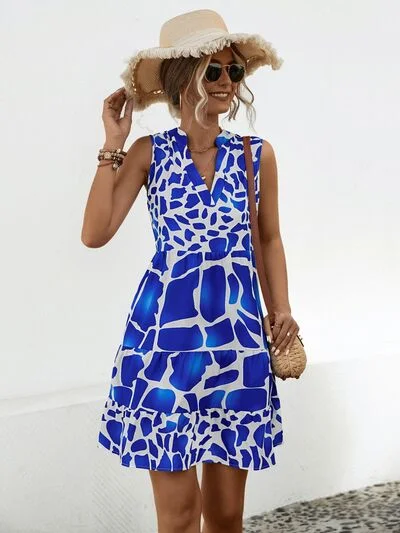 Printed Notched Sleeveless Tiered Dress - TRENDSI