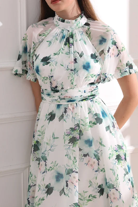 Raglan sleeves High Neck Floral Print Midi Dress