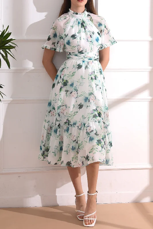 Raglan sleeves High Neck Floral Print Midi Dress