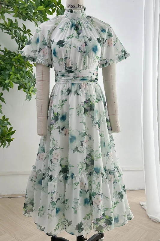 Raglan sleeves High Neck Floral Print Midi Dress