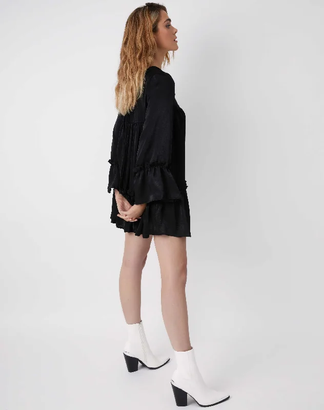 Satin Long Sleeve Mini Babydoll Dress in Black | Regina