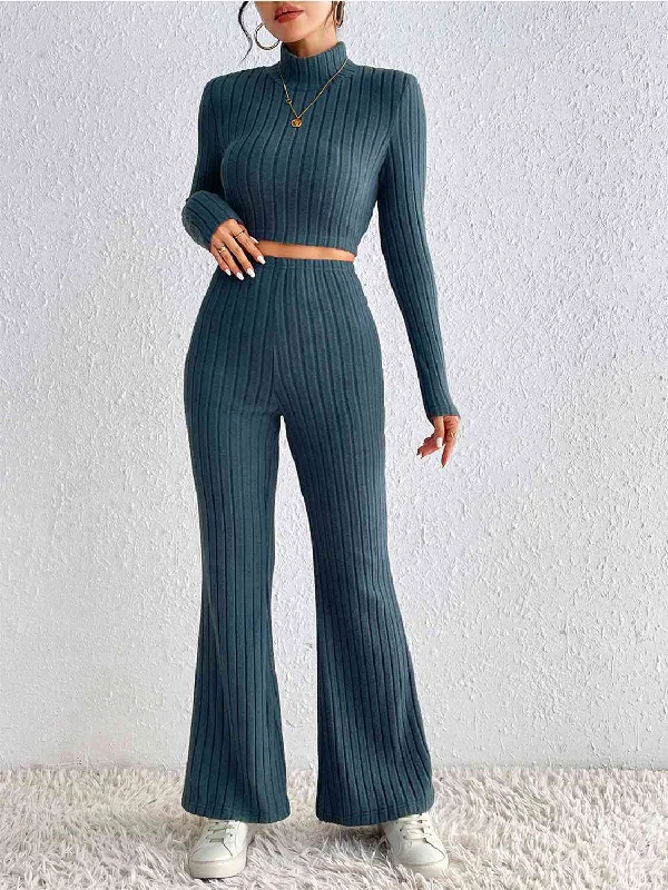 Ribbed Mock Neck Cropped Sweater & High Waist Pants Set