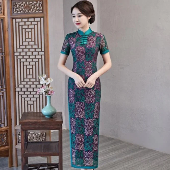 Short Sleeve Full Length Cheongsam Lace Chinese Dress with Strap Buttons