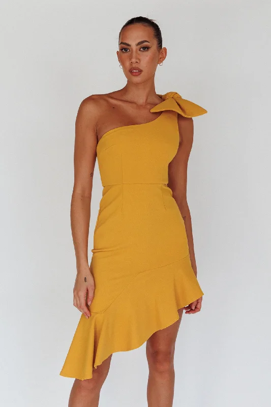 Tiffany One-Shoulder Bow Dress Mustard