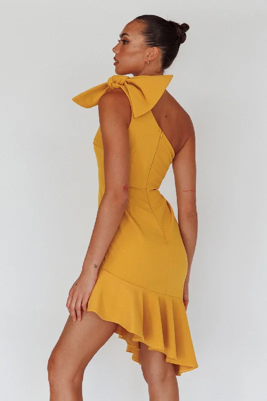 Tiffany One-Shoulder Bow Dress Mustard