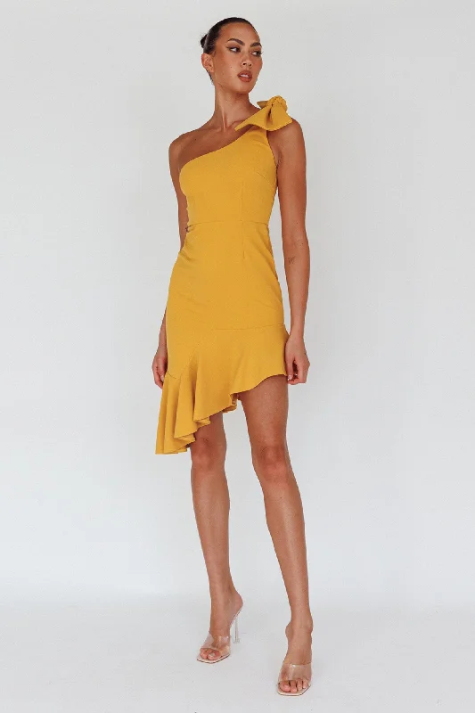 Tiffany One-Shoulder Bow Dress Mustard