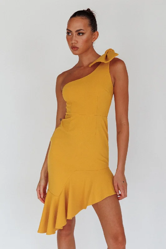 Tiffany One-Shoulder Bow Dress Mustard