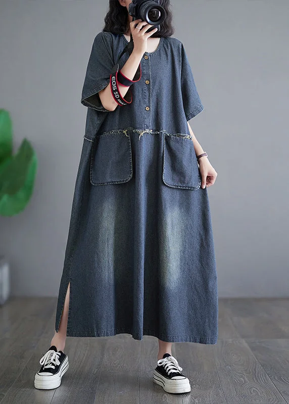 Vintage Denim Blue Patchwork Side Open Button Maxi Dresses Short Sleeve GH1045