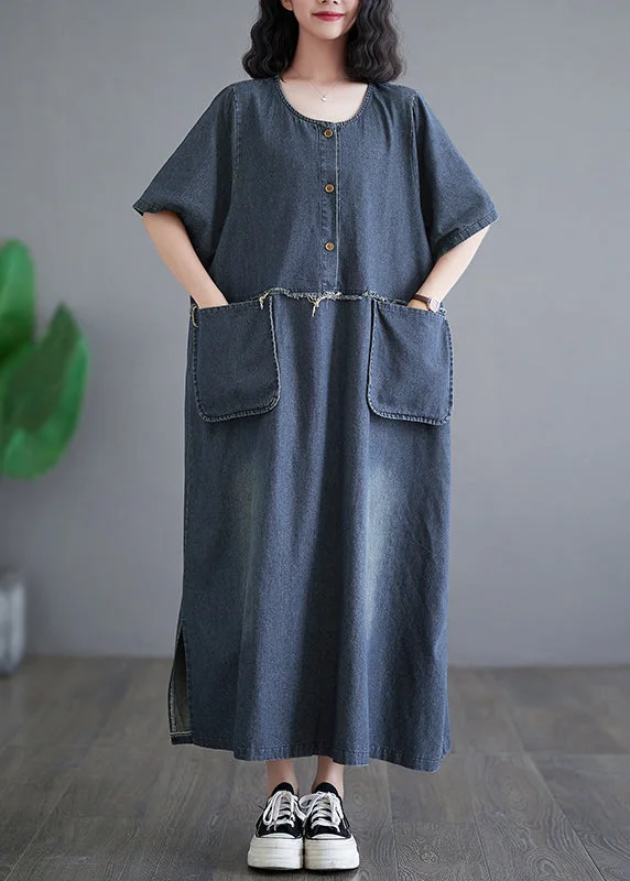 Vintage Denim Blue Patchwork Side Open Button Maxi Dresses Short Sleeve GH1045