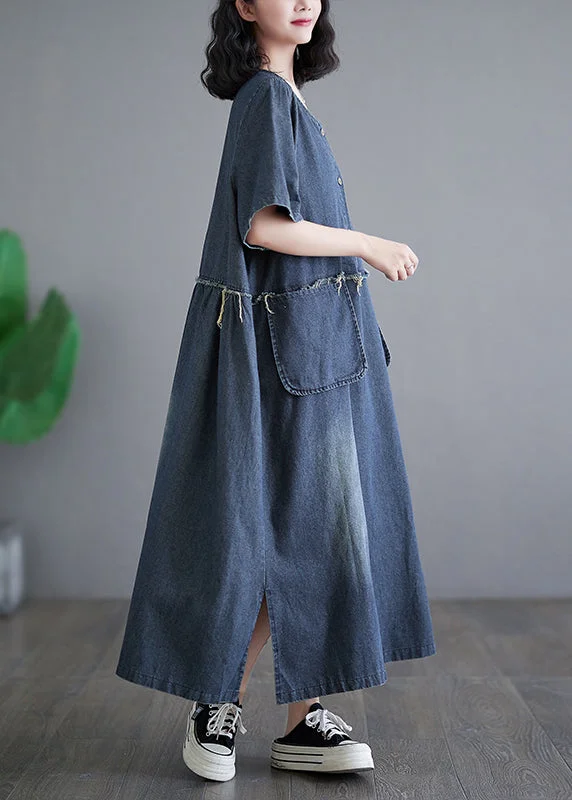 Vintage Denim Blue Patchwork Side Open Button Maxi Dresses Short Sleeve GH1045