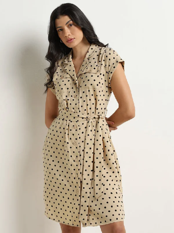 Wardrobe Beige Polka Dot Design Shirt Dress with Belt