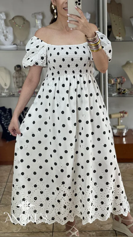 White Polkadots OS Maxi Dress