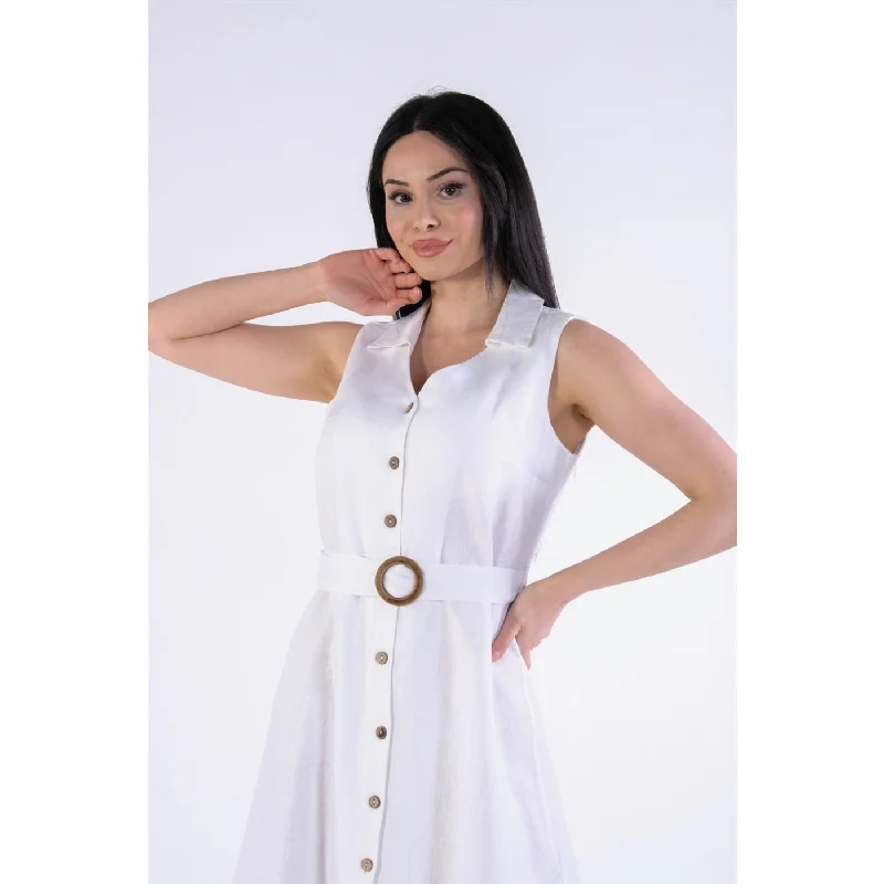 White Buckle Linen Sleeveless Dress