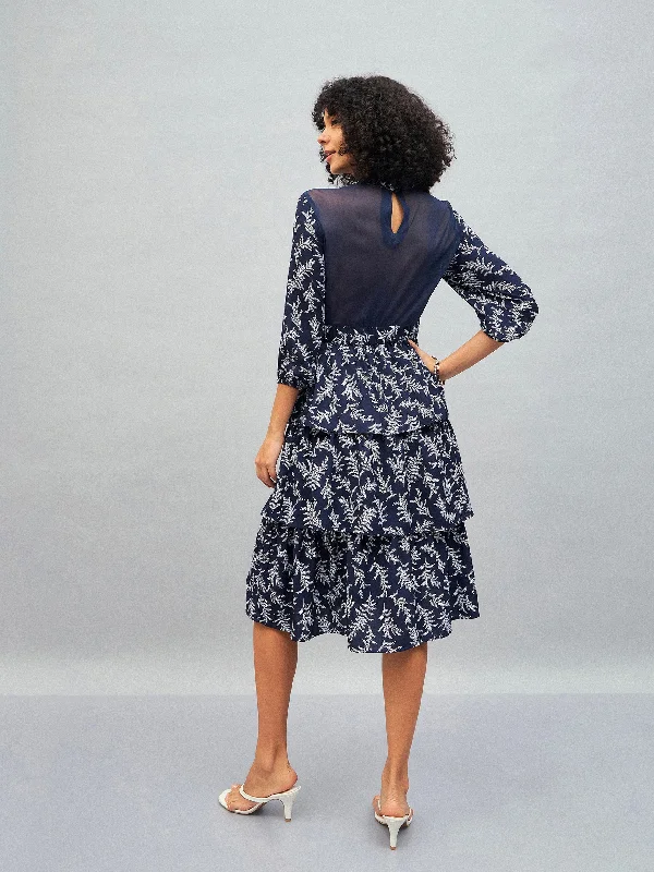 Women Blue Floral Tiered Midi Dress