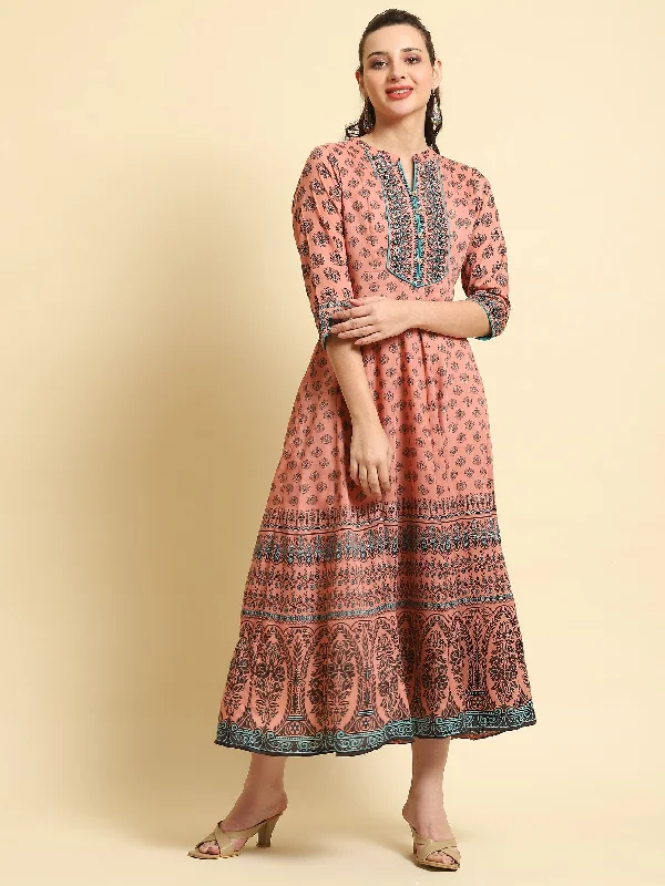 Women Peach Ornamental Printed Dress