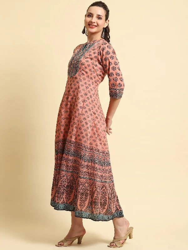 Women Peach Ornamental Printed Dress