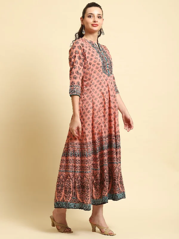 Women Peach Ornamental Printed Dress