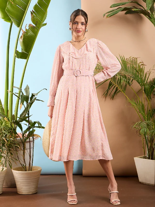 Women Pink Ditsy Floral Ruffle Collar Midi Dress