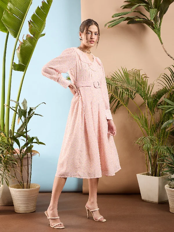 Women Pink Ditsy Floral Ruffle Collar Midi Dress